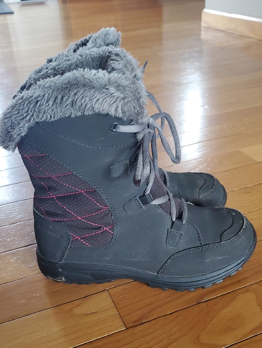 Columbia Kids Black/Grey Winter Lace-Up Boots with Pink Stitching